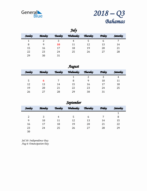 July, August, and September Calendar for Bahamas with Sunday Start