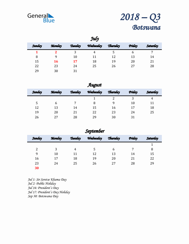 July, August, and September Calendar for Botswana with Sunday Start