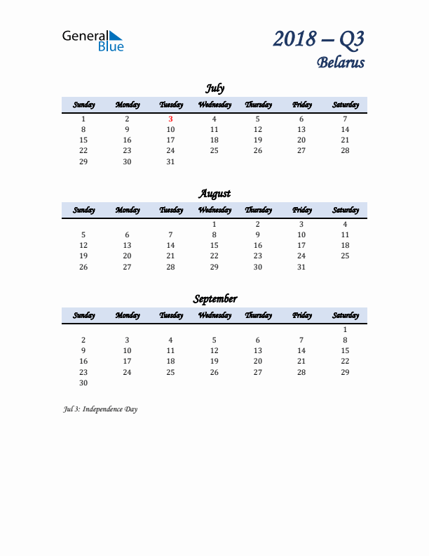 July, August, and September Calendar for Belarus with Sunday Start