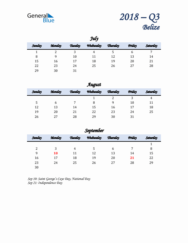 July, August, and September Calendar for Belize with Sunday Start