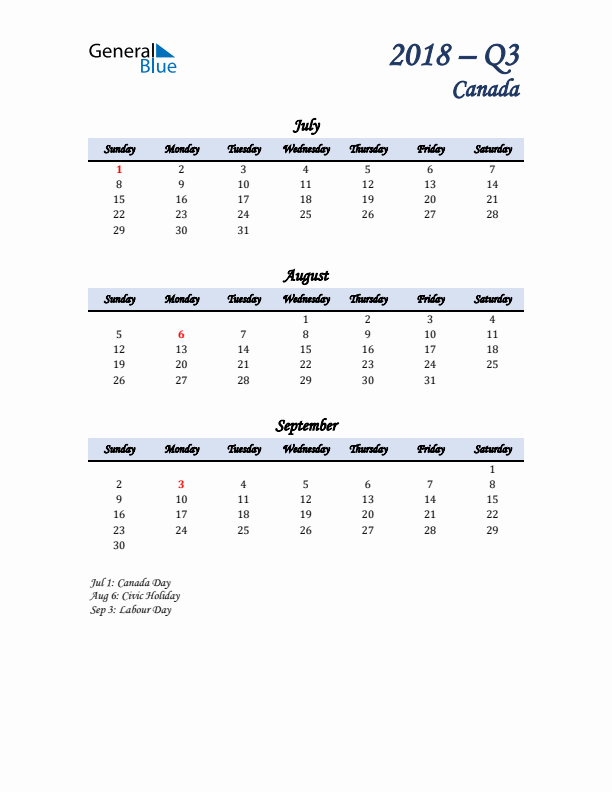 July, August, and September Calendar for Canada with Sunday Start