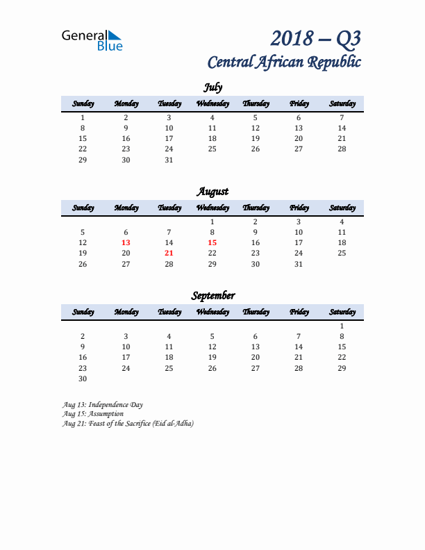 July, August, and September Calendar for Central African Republic with Sunday Start