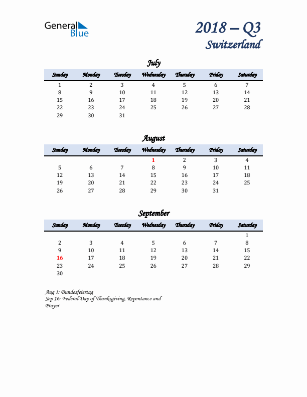 July, August, and September Calendar for Switzerland with Sunday Start