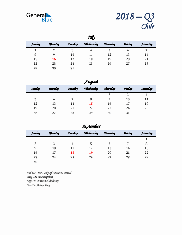 July, August, and September Calendar for Chile with Sunday Start