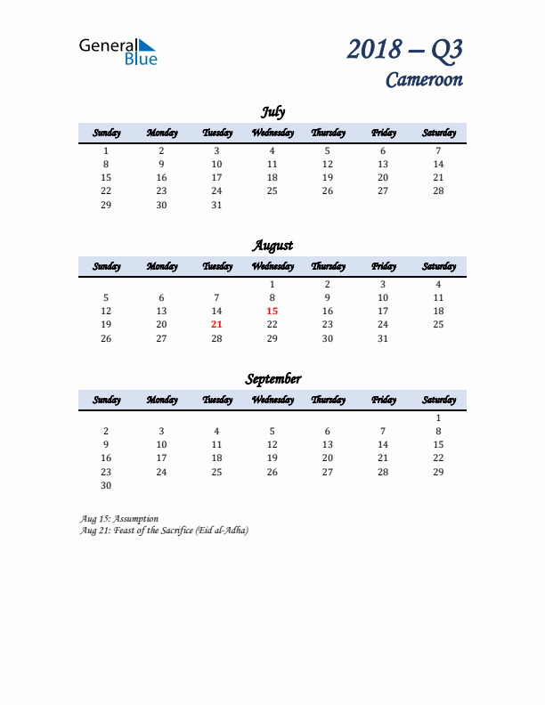 July, August, and September Calendar for Cameroon with Sunday Start