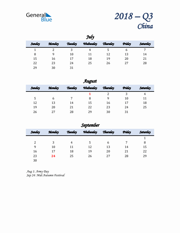 July, August, and September Calendar for China with Sunday Start