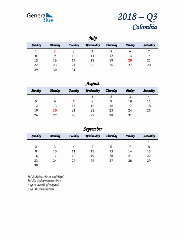 July, August, and September Calendar for Colombia with Sunday Start