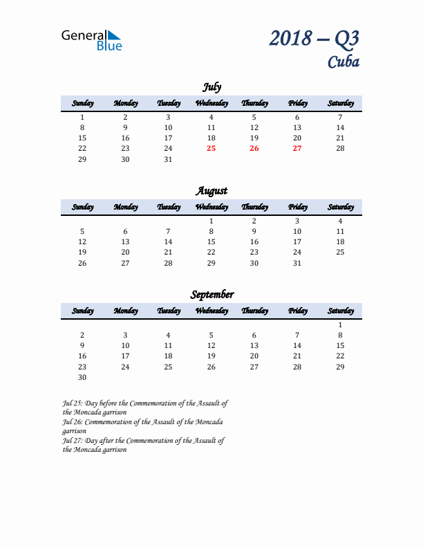 July, August, and September Calendar for Cuba with Sunday Start