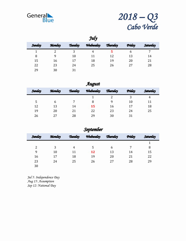 July, August, and September Calendar for Cabo Verde with Sunday Start