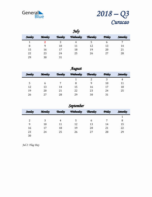 July, August, and September Calendar for Curacao with Sunday Start