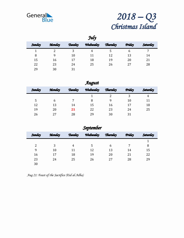 July, August, and September Calendar for Christmas Island with Sunday Start