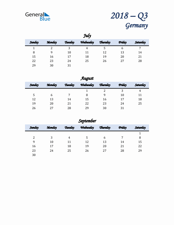 July, August, and September Calendar for Germany with Sunday Start