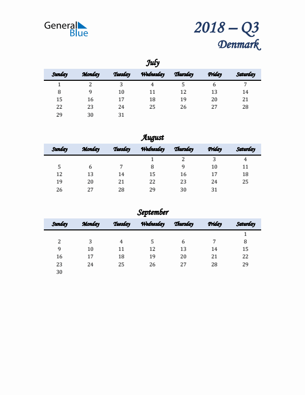 July, August, and September Calendar for Denmark with Sunday Start