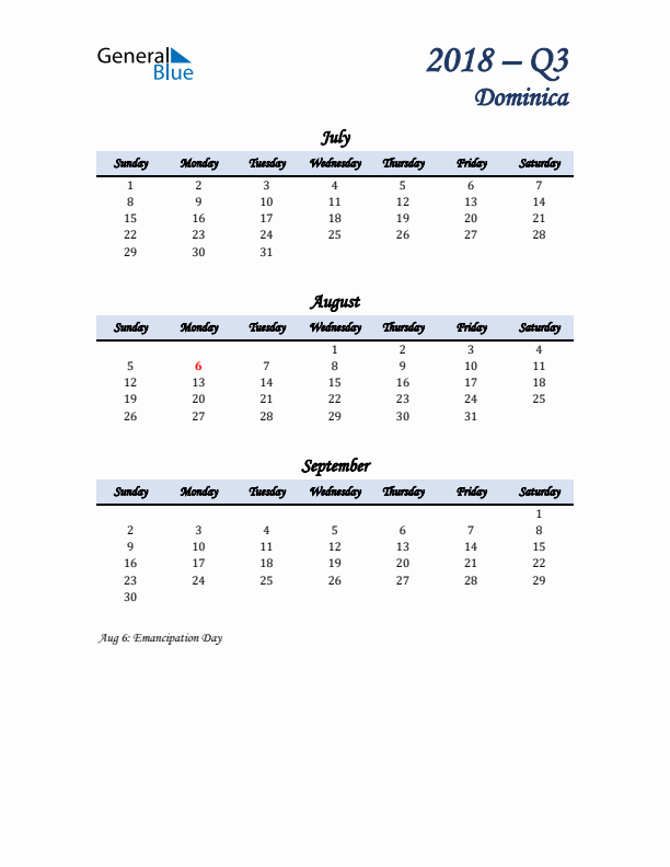 July, August, and September Calendar for Dominica with Sunday Start