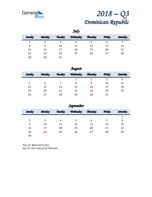 July, August, and September Calendar for Dominican Republic with Sunday Start