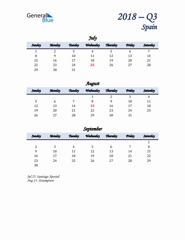 July, August, and September Calendar for Spain with Sunday Start