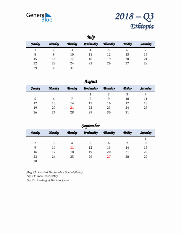 July, August, and September Calendar for Ethiopia with Sunday Start