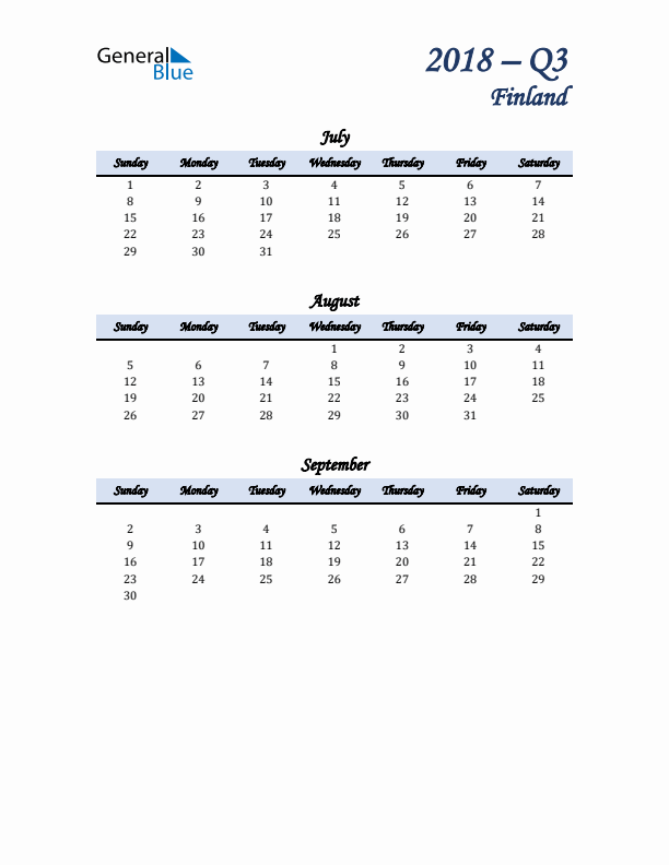 July, August, and September Calendar for Finland with Sunday Start