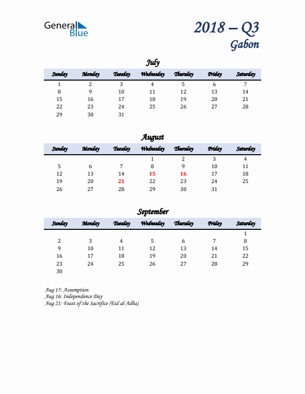 July, August, and September Calendar for Gabon with Sunday Start