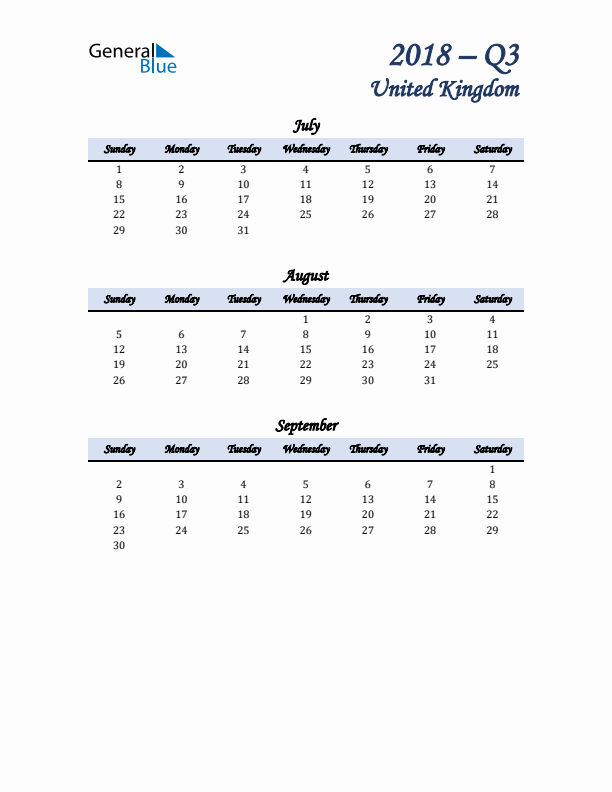 July, August, and September Calendar for United Kingdom with Sunday Start