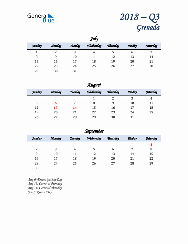 July, August, and September Calendar for Grenada with Sunday Start