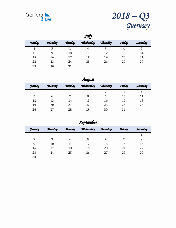 July, August, and September Calendar for Guernsey with Sunday Start