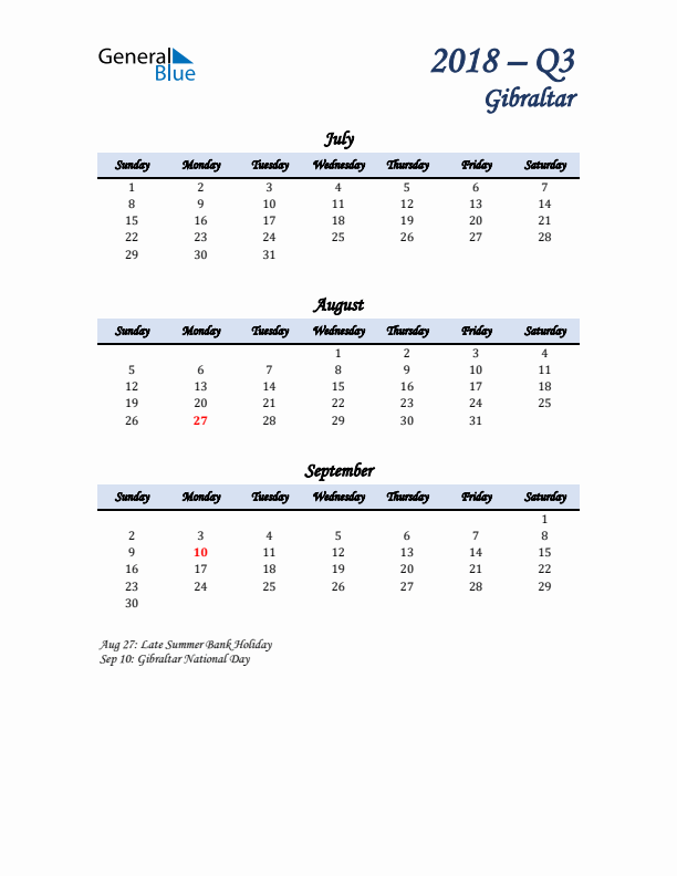 July, August, and September Calendar for Gibraltar with Sunday Start