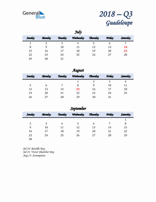 July, August, and September Calendar for Guadeloupe with Sunday Start