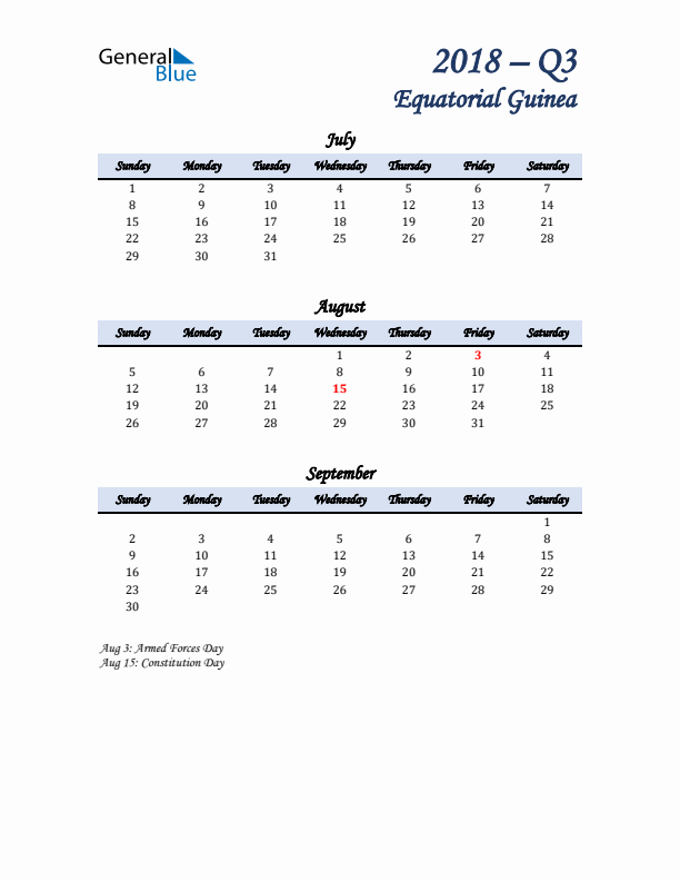 July, August, and September Calendar for Equatorial Guinea with Sunday Start