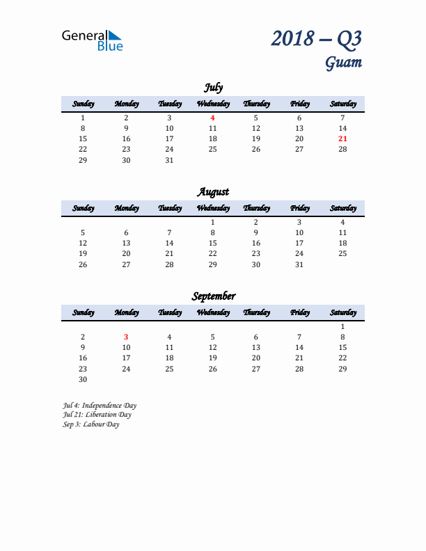 July, August, and September Calendar for Guam with Sunday Start