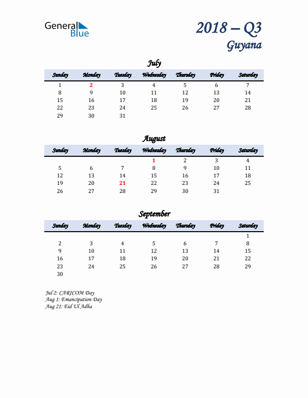 July, August, and September Calendar for Guyana with Sunday Start