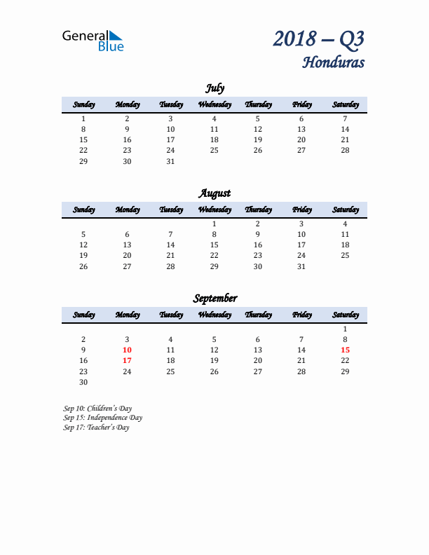 July, August, and September Calendar for Honduras with Sunday Start