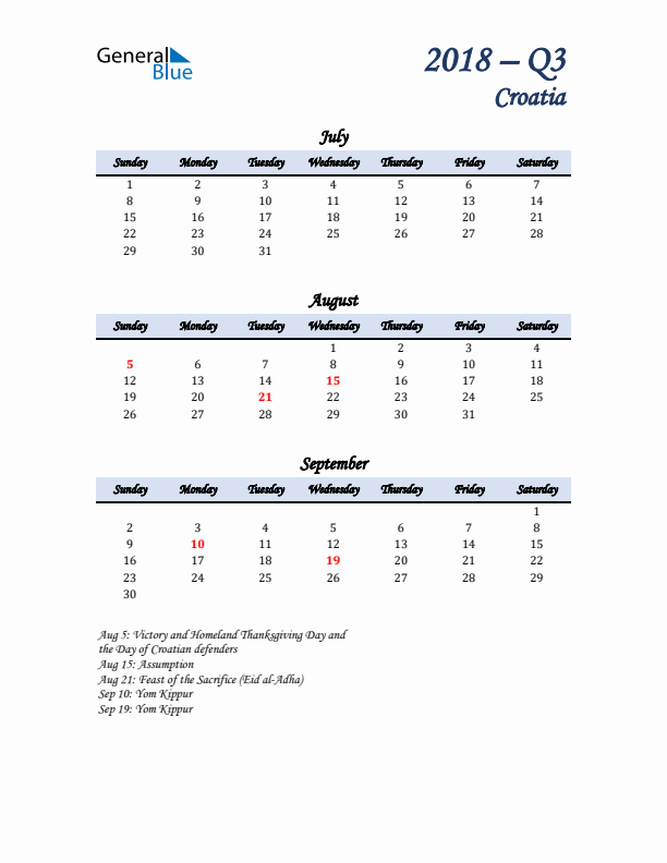 July, August, and September Calendar for Croatia with Sunday Start