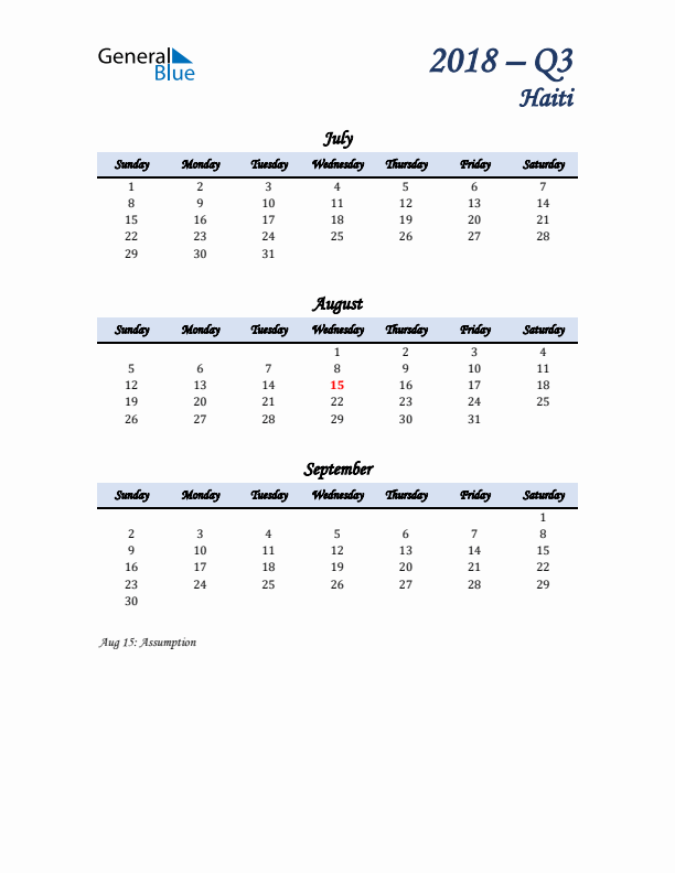 July, August, and September Calendar for Haiti with Sunday Start