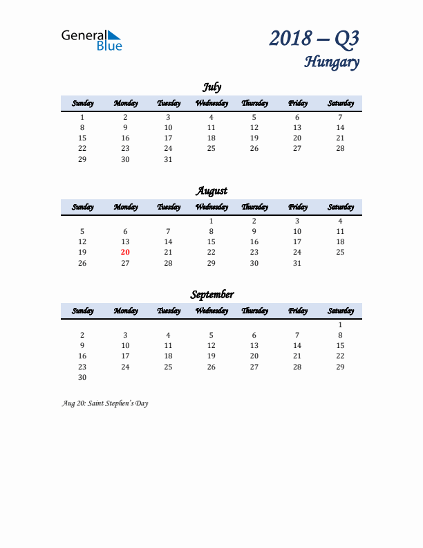 July, August, and September Calendar for Hungary with Sunday Start