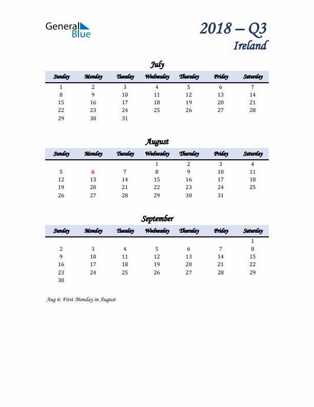 July, August, and September Calendar for Ireland with Sunday Start