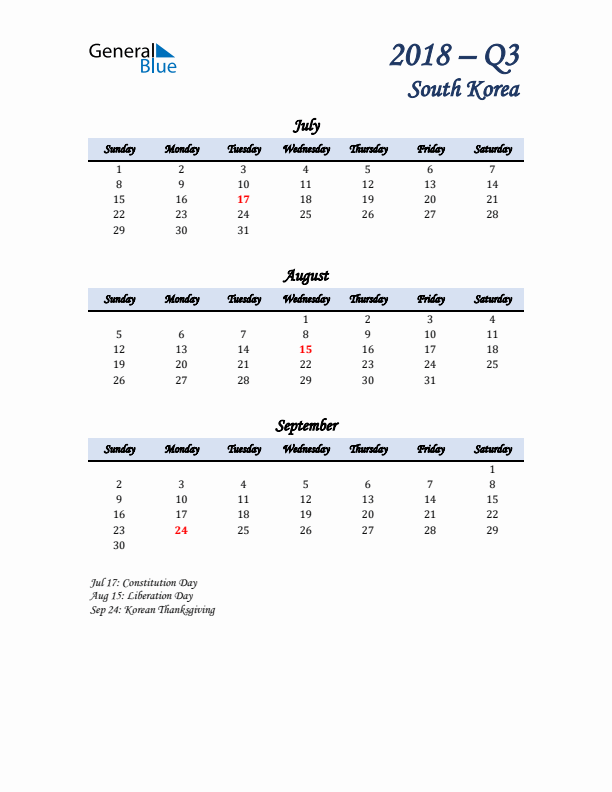 July, August, and September Calendar for South Korea with Sunday Start