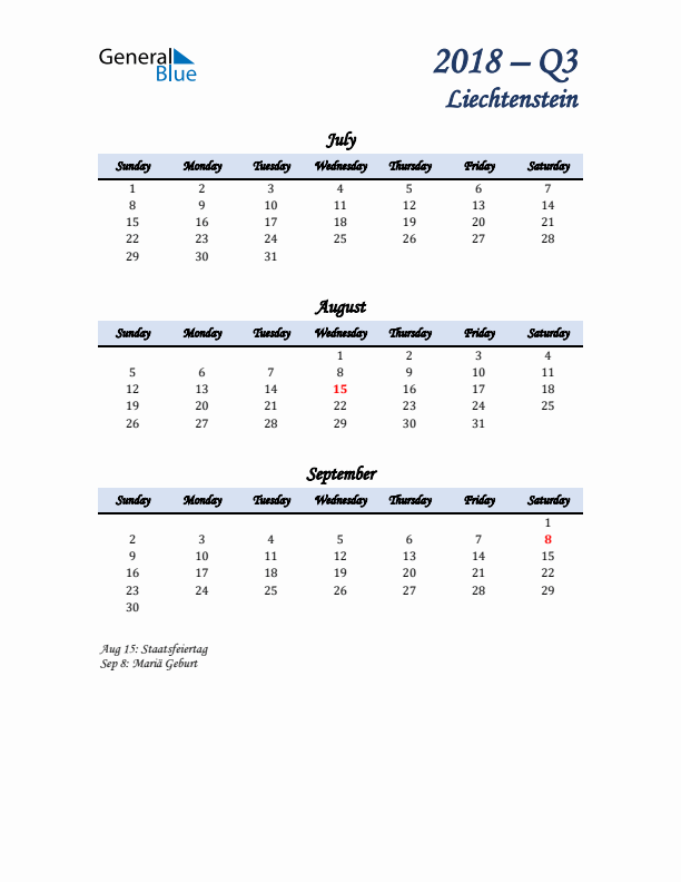 July, August, and September Calendar for Liechtenstein with Sunday Start