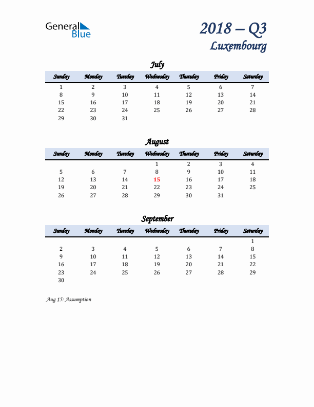 July, August, and September Calendar for Luxembourg with Sunday Start