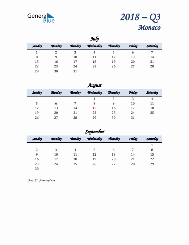 July, August, and September Calendar for Monaco with Sunday Start