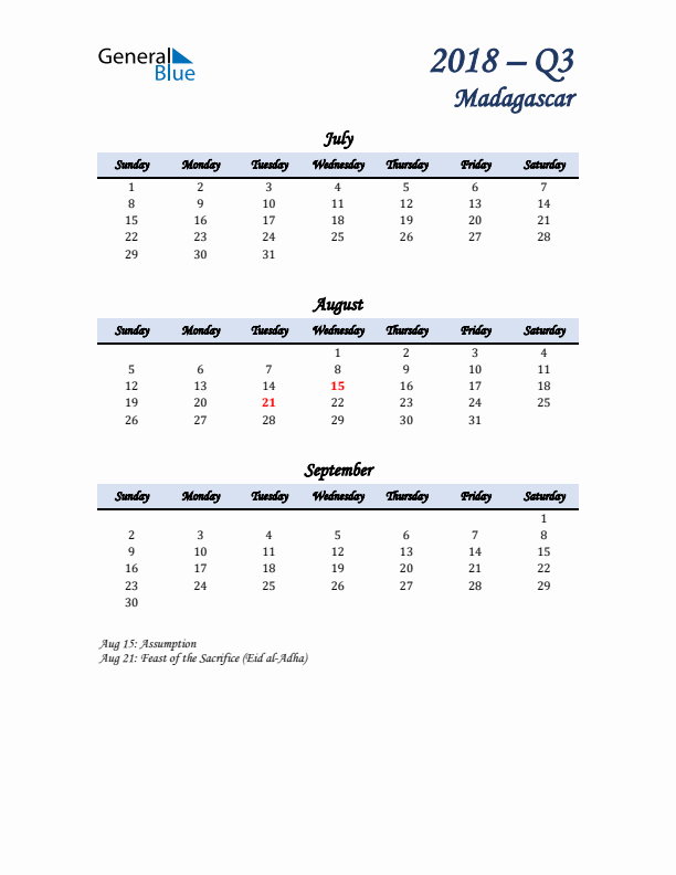 July, August, and September Calendar for Madagascar with Sunday Start