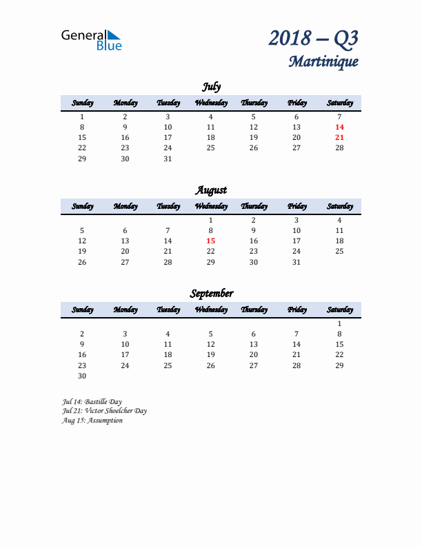 July, August, and September Calendar for Martinique with Sunday Start