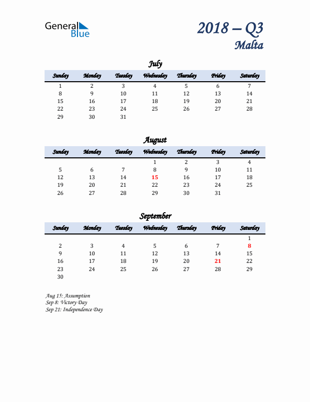 July, August, and September Calendar for Malta with Sunday Start