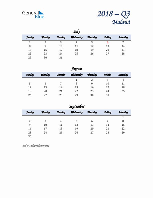 July, August, and September Calendar for Malawi with Sunday Start