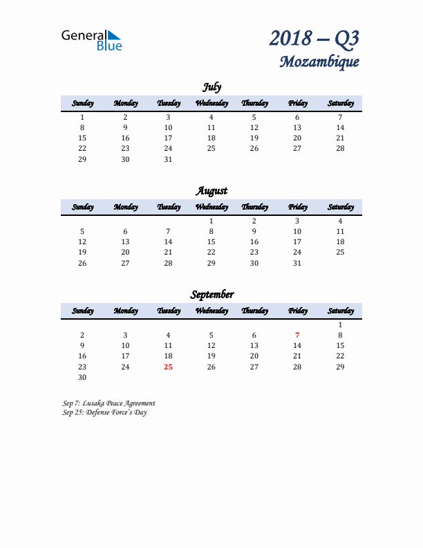 July, August, and September Calendar for Mozambique with Sunday Start