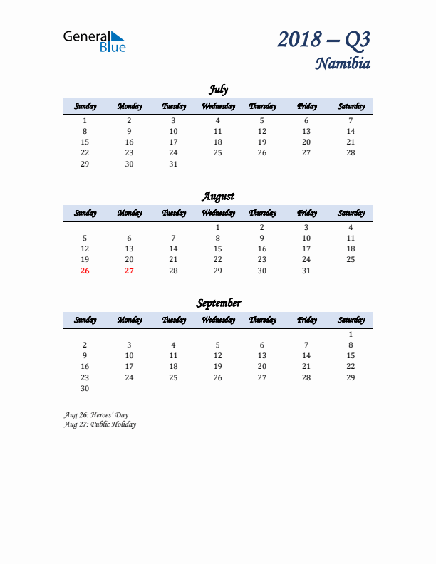 July, August, and September Calendar for Namibia with Sunday Start