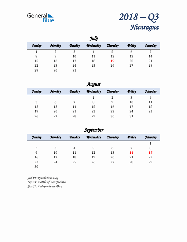 July, August, and September Calendar for Nicaragua with Sunday Start