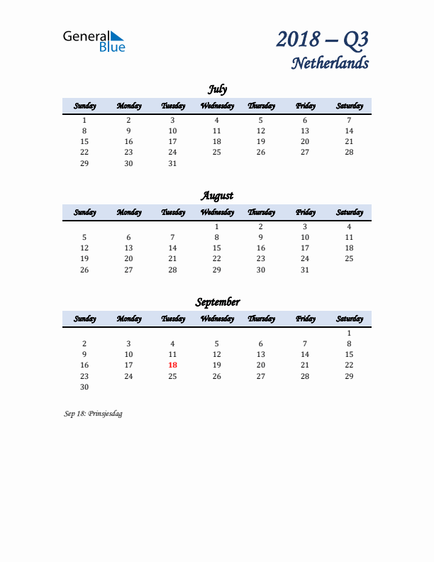 July, August, and September Calendar for The Netherlands with Sunday Start