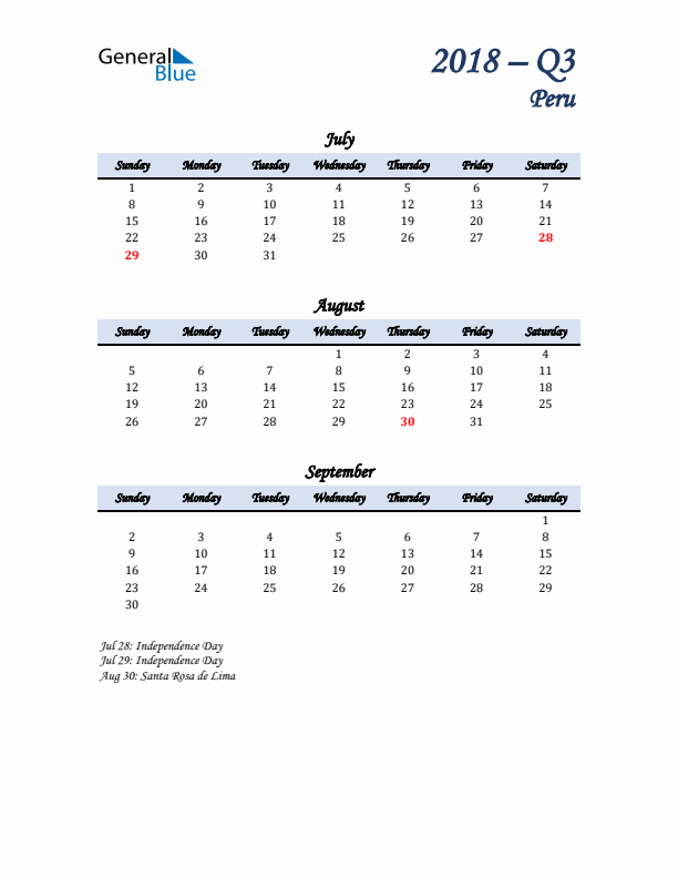 July, August, and September Calendar for Peru with Sunday Start