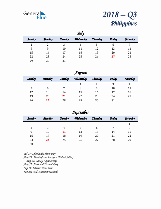 July, August, and September Calendar for Philippines with Sunday Start